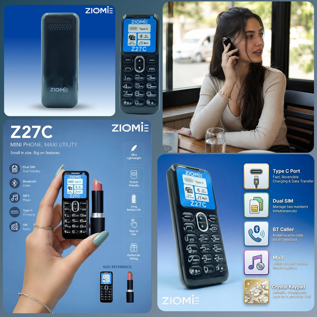 Ziome Z27C Mini Bluetooth Dialer Phone, Dual SIM Dual Standby, Type-C Charging, Crystal Keypad, MP3 Player, FM Radio, Black