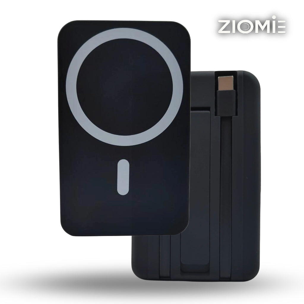 Ziome Magsafe Wireless Power bank 10000mAh 30Watt, In-built 2 Wire (Type C, Lightning), In-built Stand, Black