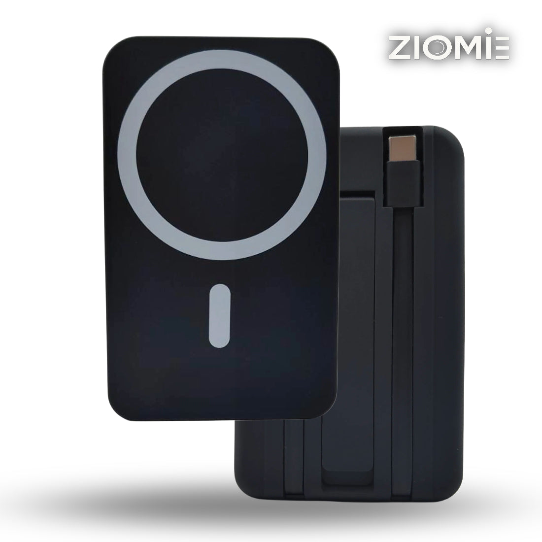Ziome Magsafe Wireless Power bank 10000mAh 30Watt, In-built 2 Wire (Type C, Lightning), In-built Stand, Black