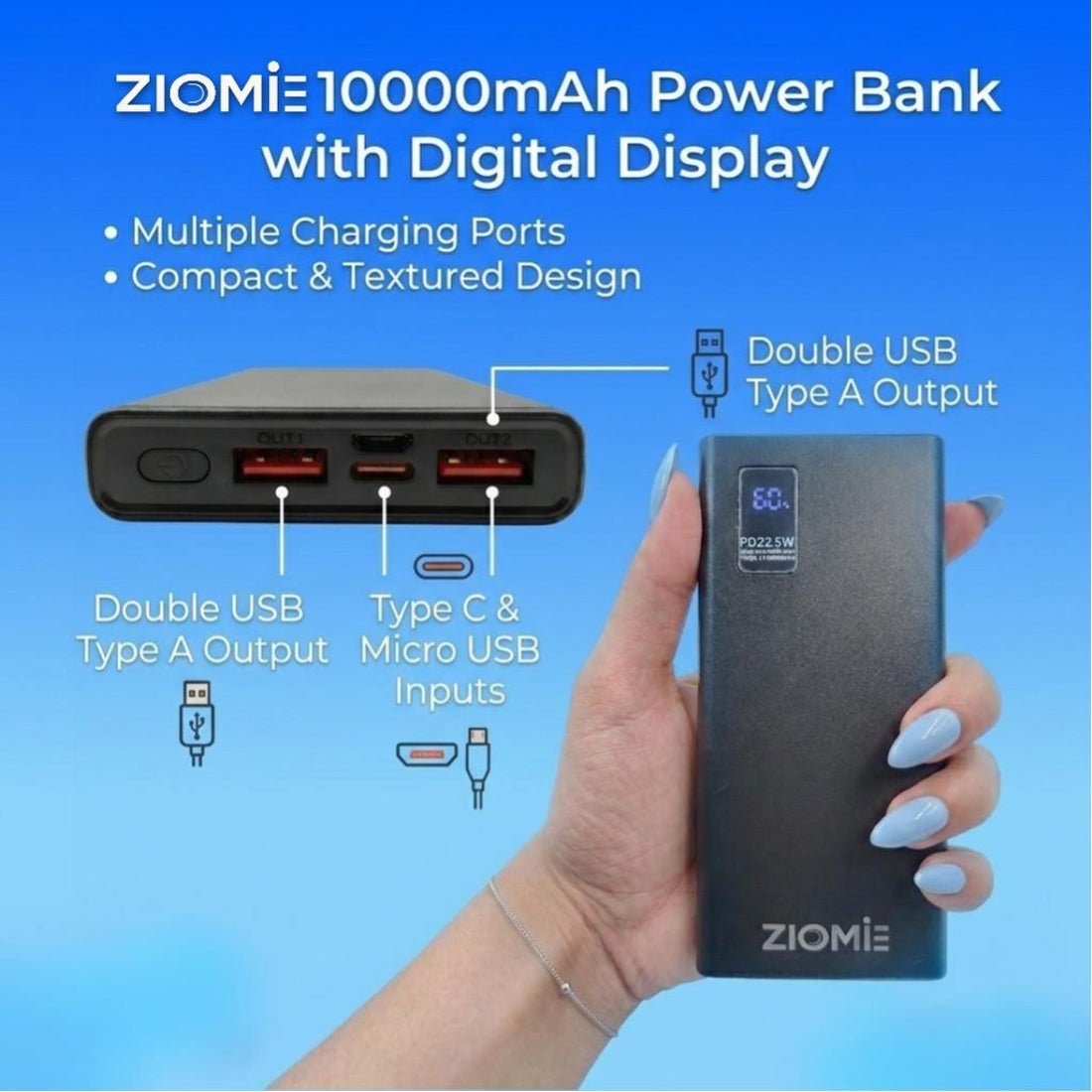 Ziome Digital Power Bank, 10000mAh,  22.5Watt, Type-C, Micro, USB, Black