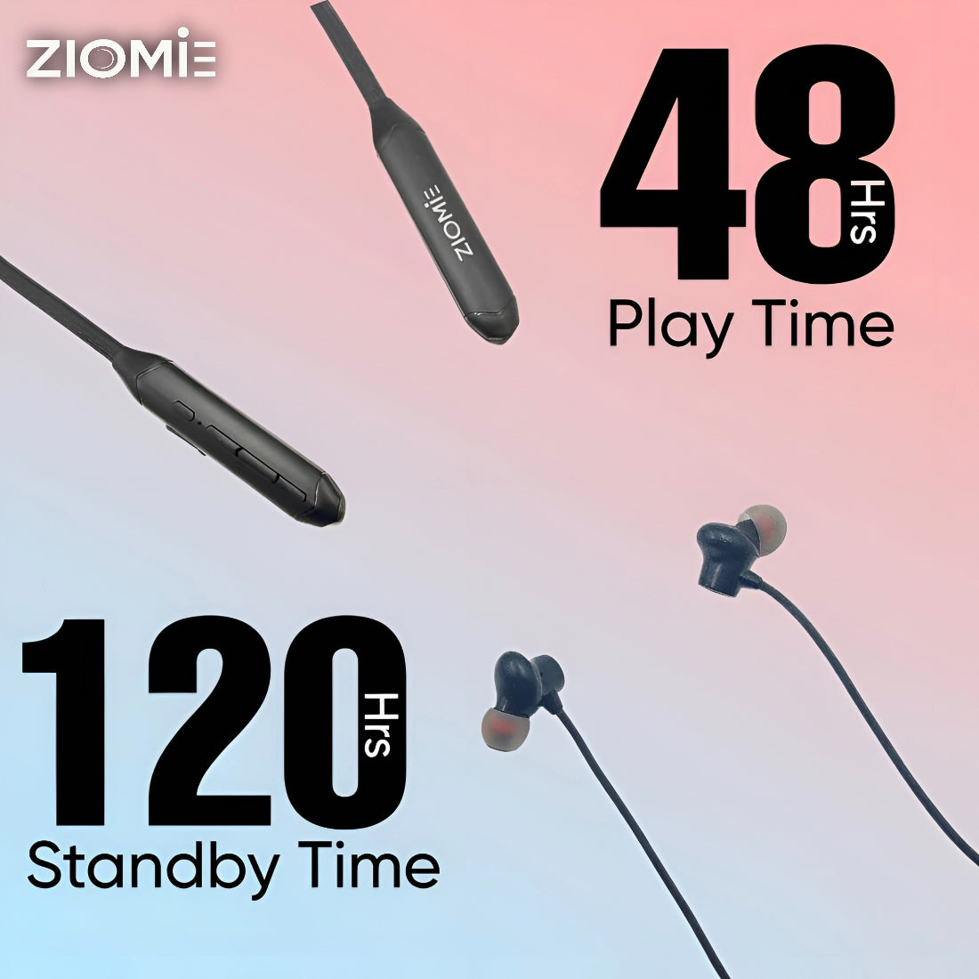 Ziome ZM-102 Neckband , 120 Hours Standby Time, 48 hours, Bluetooth 5.2, Volume and Call Control, Black