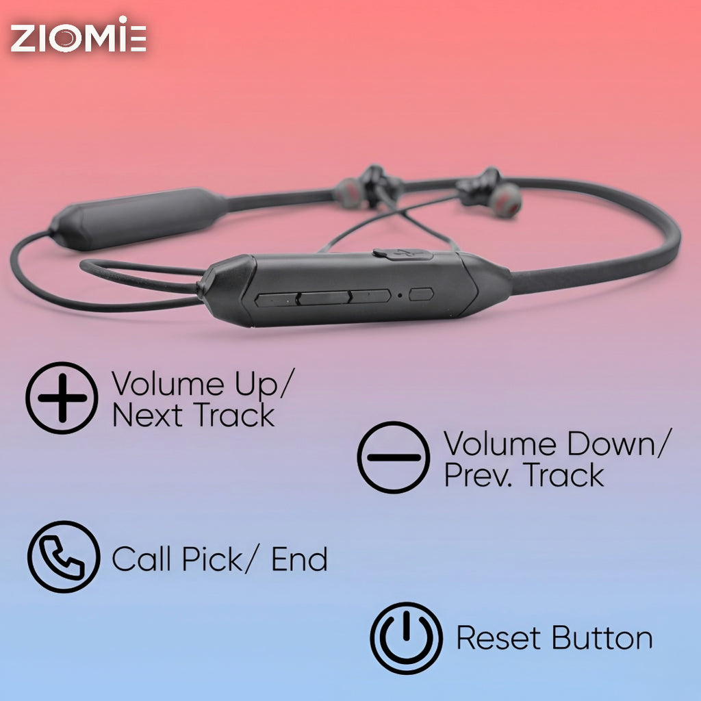 Ziome ZM-102 Neckband , 120 Hours Standby Time, 48 hours, Bluetooth 5.2, Volume and Call Control, Black