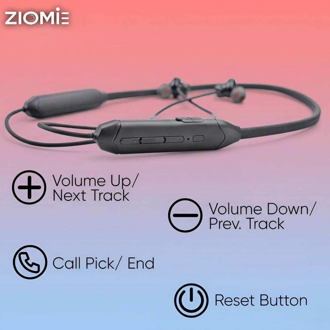 Ziome ZM-102 Neckband , 120 Hours Standby Time, 48 hours, Bluetooth 5.2, Volume and Call Control, Black