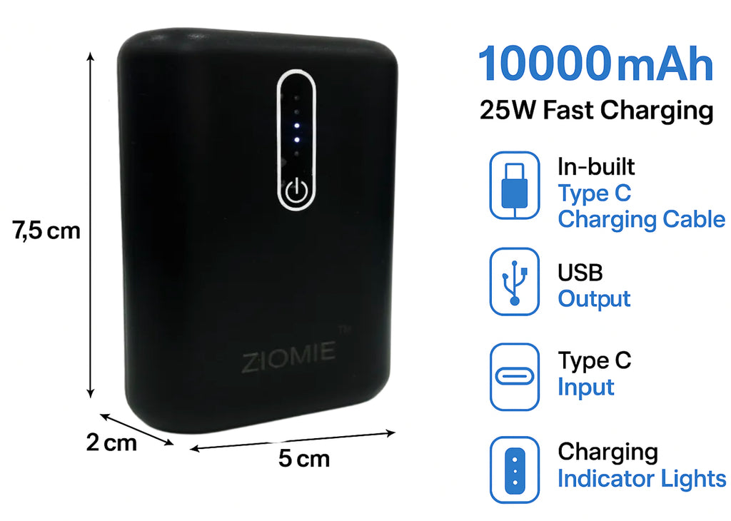 Ziome 1 Wire Power Bank 10000mAh , Charging Indicators, In-built Type-C Wire