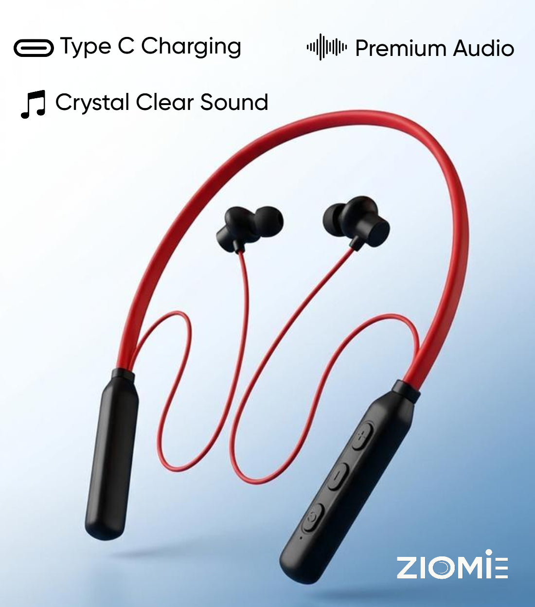 Ziome ZM-01 Neckband 72 Hours Standby time and 24 Hours Playtime Volume and Call Controller Red
