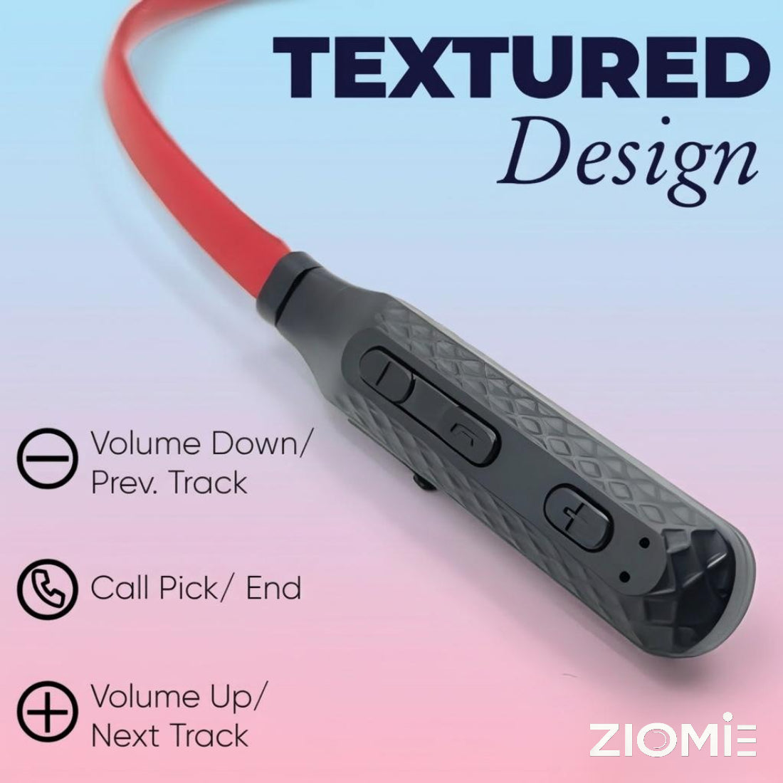 Ziome ZM-02 Neckband 72 Hours Standby time and 24 Hours Playtime Volume and Call Controller Red-Black