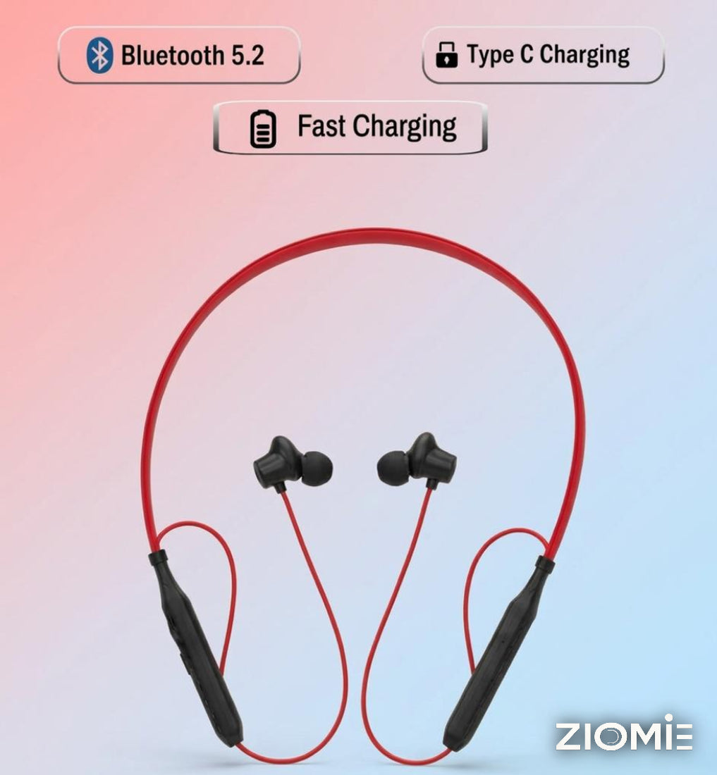 Ziome ZM-02 Neckband 72 Hours Standby time and 24 Hours Playtime Volume and Call Controller Red-Black