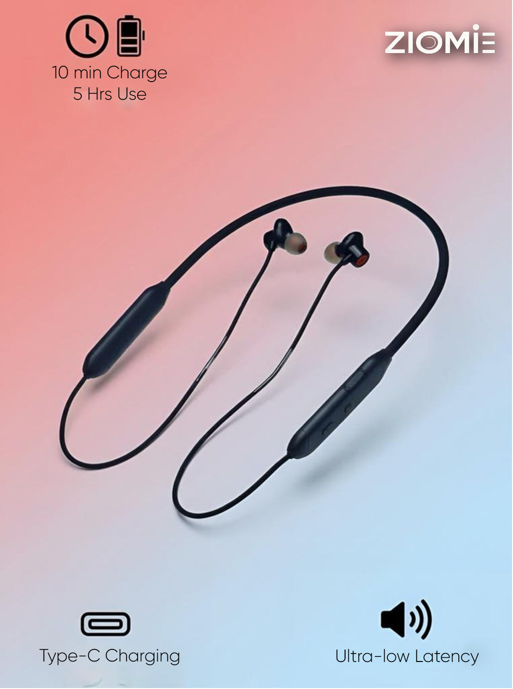 Ziome ZM-102 Neckband , 120 Hours Standby Time, 48 hours, Bluetooth 5.2, Volume and Call Control, Black