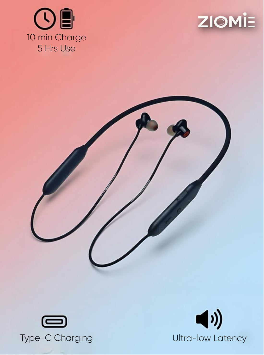 Ziome ZM-102 Neckband , 120 Hours Standby Time, 48 hours, Bluetooth 5.2, Volume and Call Control, Black
