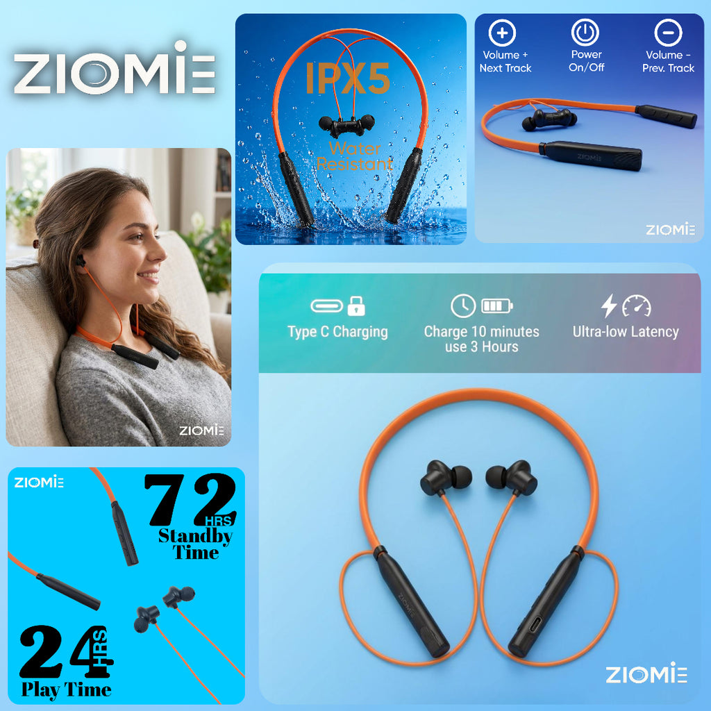Ziome ZM-05 Neckband 72 Hours Standby time and 24 Hours Playtime Volume and Call Controller Orange-Black