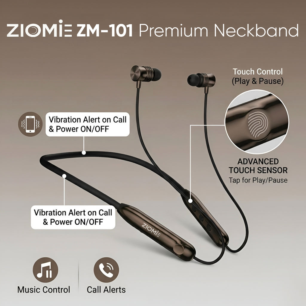 Ziome ZM-103 Neckband 72 Hours Standby time and 24 Hours Playtime Volume and Call Controller, metallic finish, Brown