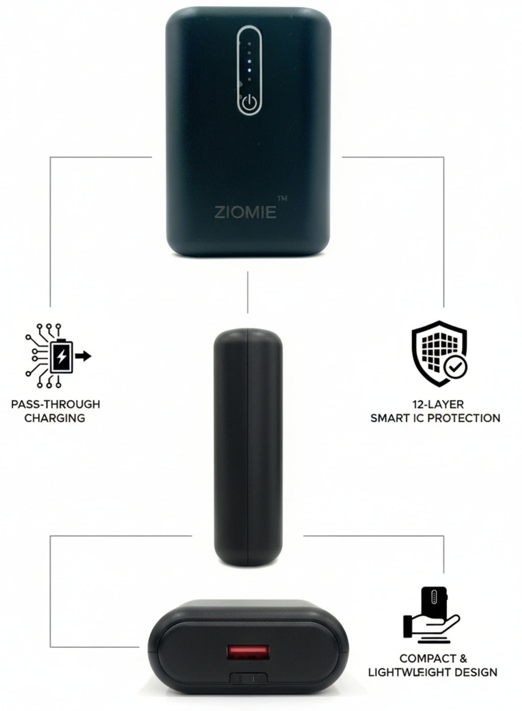 Ziome 1 Wire Power Bank 10000mAh , Charging Indicators, In-built Type-C Wire