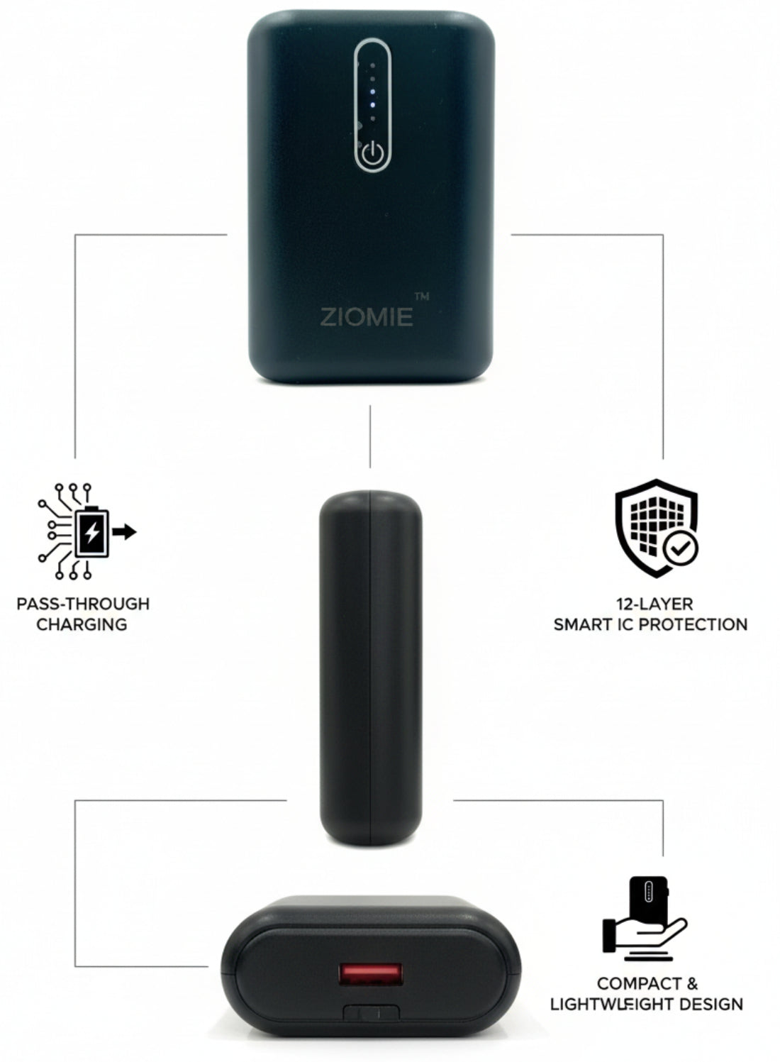 Ziome 1 Wire Power Bank 10000mAh , Charging Indicators, In-built Type-C Wire