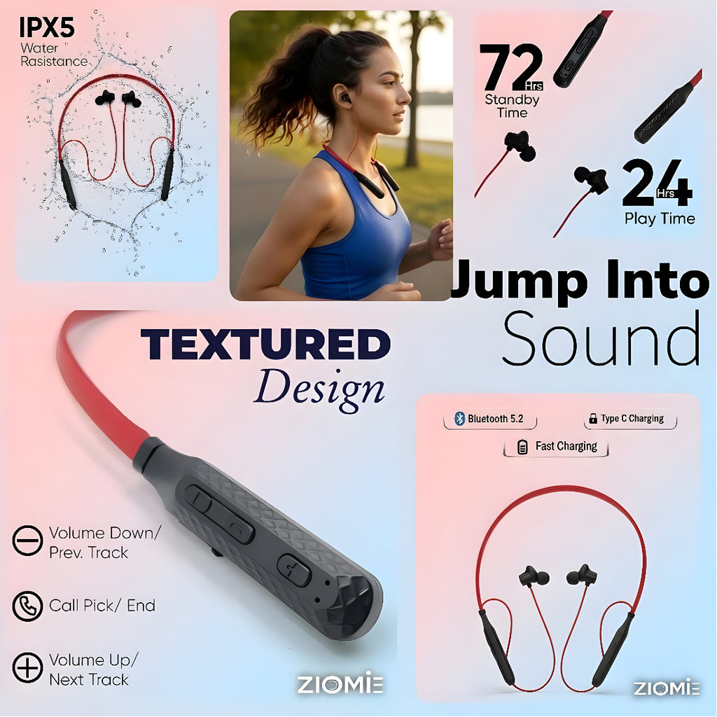 Ziome ZM-02 Neckband 72 Hours Standby time and 24 Hours Playtime Volume and Call Controller Red-Black