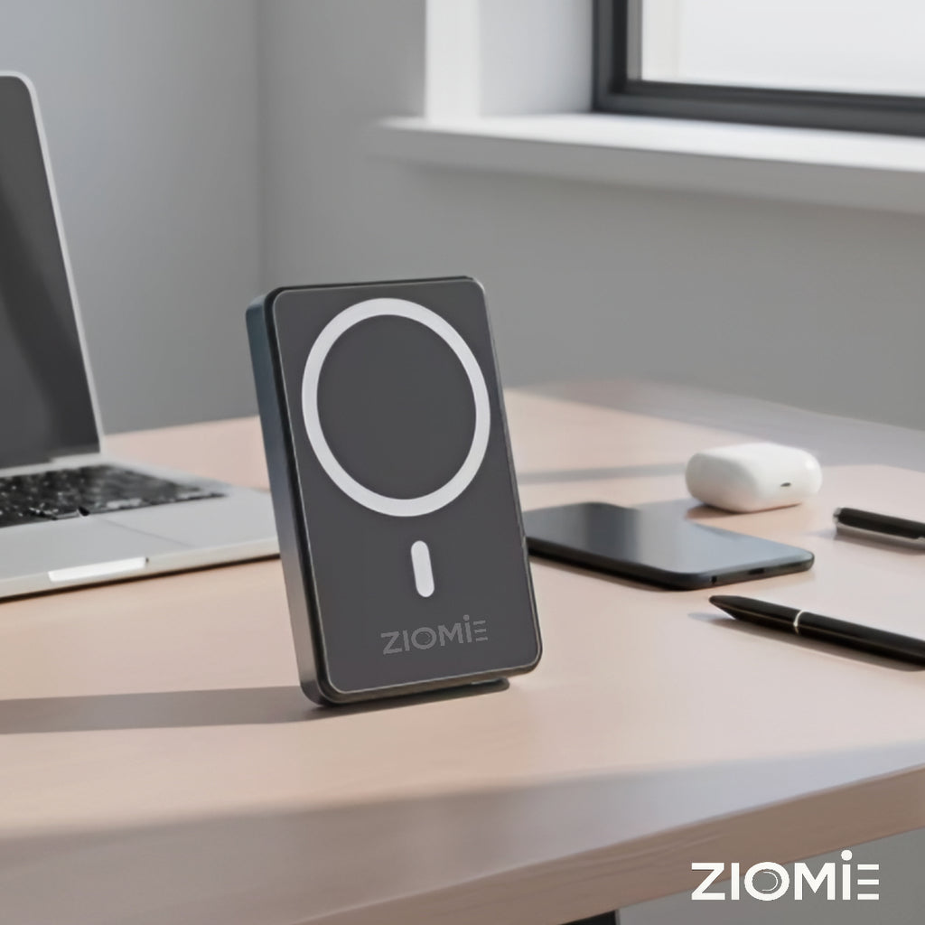 Ziome Magsafe Wireless Power bank 10000mAh 30Watt, In-built 2 Wire (Type C, Lightning), In-built Stand, Black