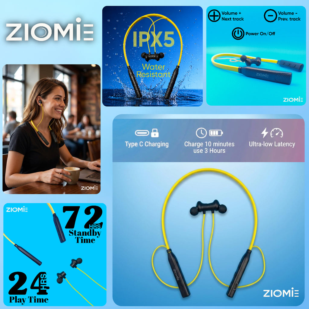Ziome ZM-05 Neckband 72 Hours Standby time and 24 Hours Playtime Volume and Call Controller Orange-Black