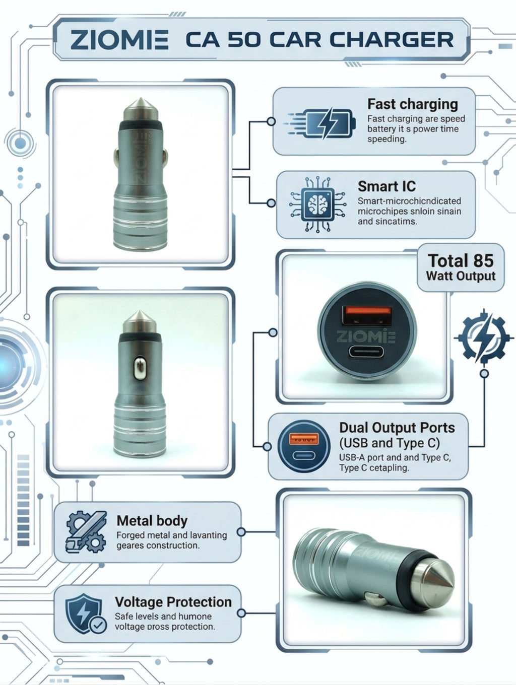 Ziome CA-60 High-Performance Car Charger – 85W Ultra-Fast Dual Port Adapter with Smart IC & Metal Body