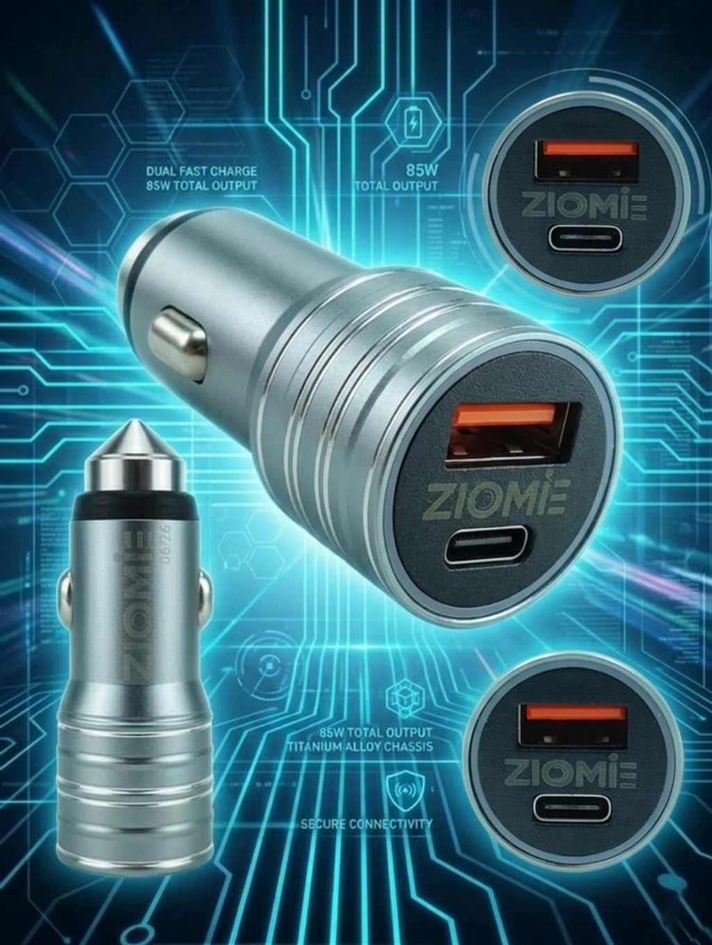 Ziome CA-60 High-Performance Car Charger – 85W Ultra-Fast Dual Port Adapter with Smart IC & Metal Body
