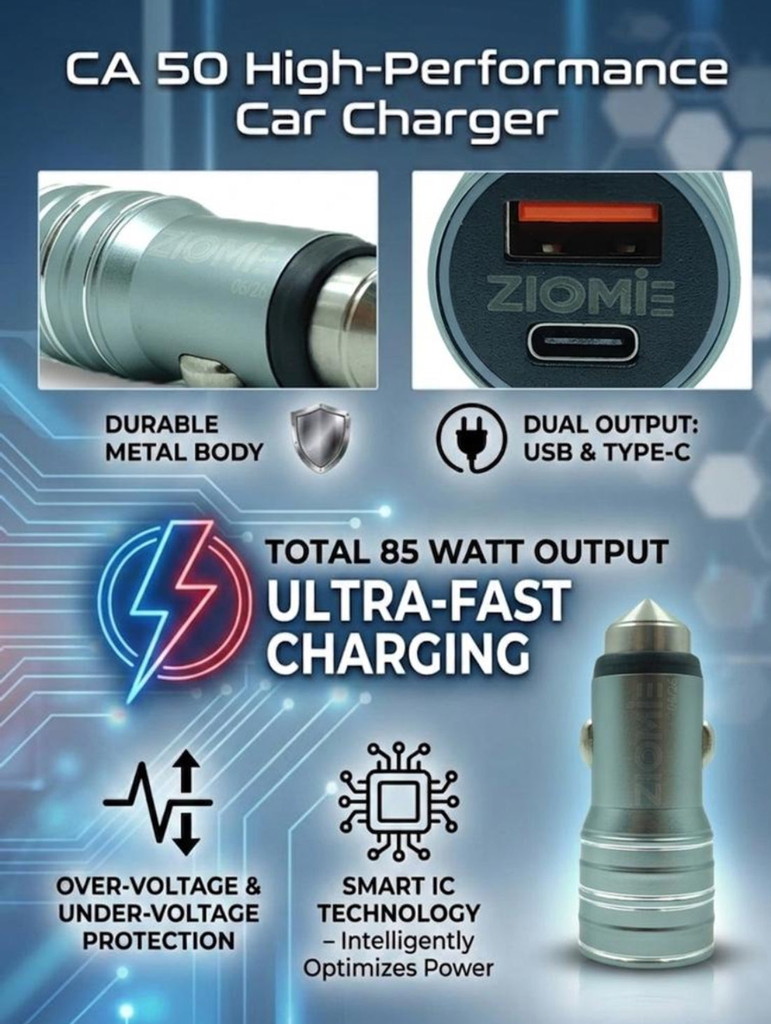 Ziome CA-60 High-Performance Car Charger – 85W Ultra-Fast Dual Port Adapter with Smart IC & Metal Body