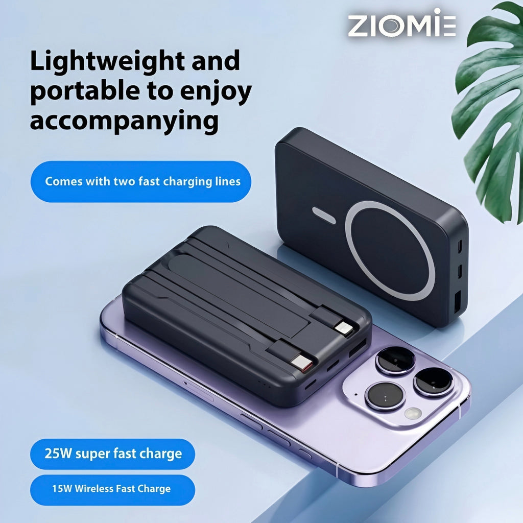 Ziome Magsafe Wireless Power bank 10000mAh 30Watt, In-built 2 Wire (Type C, Lightning), In-built Stand, Black