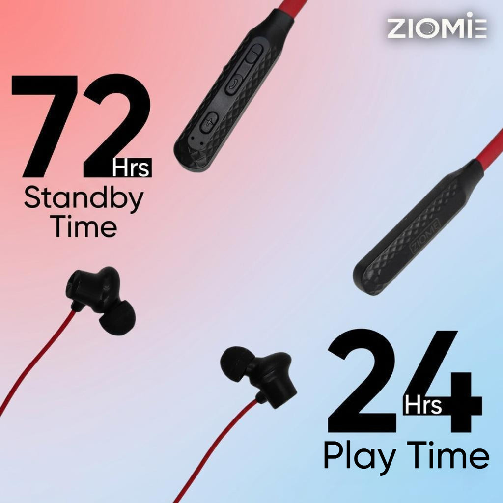 Ziome ZM-02 Neckband 72 Hours Standby time and 24 Hours Playtime Volume and Call Controller Red-Black