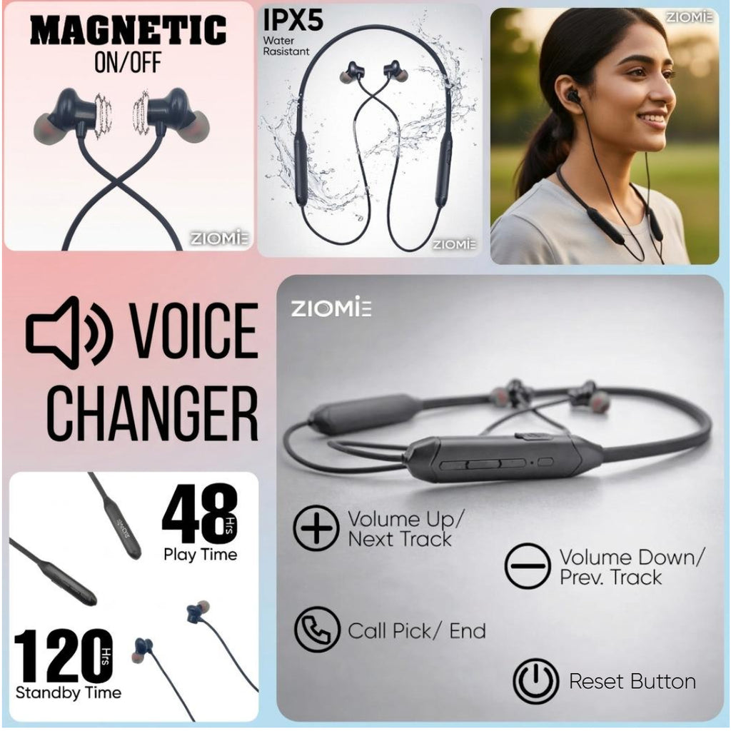 Ziome ZM-102 Neckband , 120 Hours Standby Time, 48 hours, Bluetooth 5.2, Volume and Call Control, Black