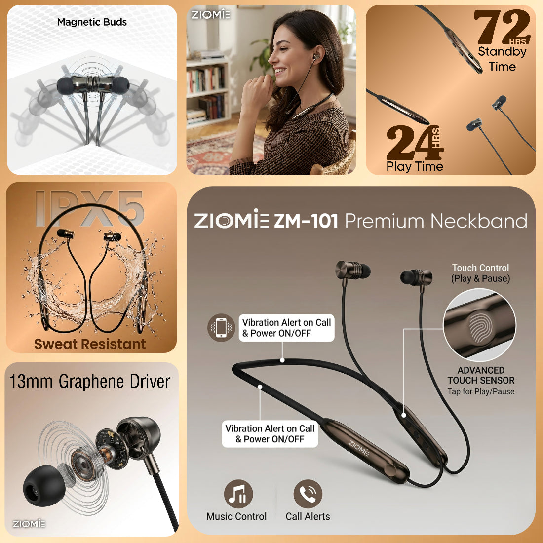 Ziome ZM-103 Neckband 72 Hours Standby time and 24 Hours Playtime Volume and Call Controller, metallic finish, Brown