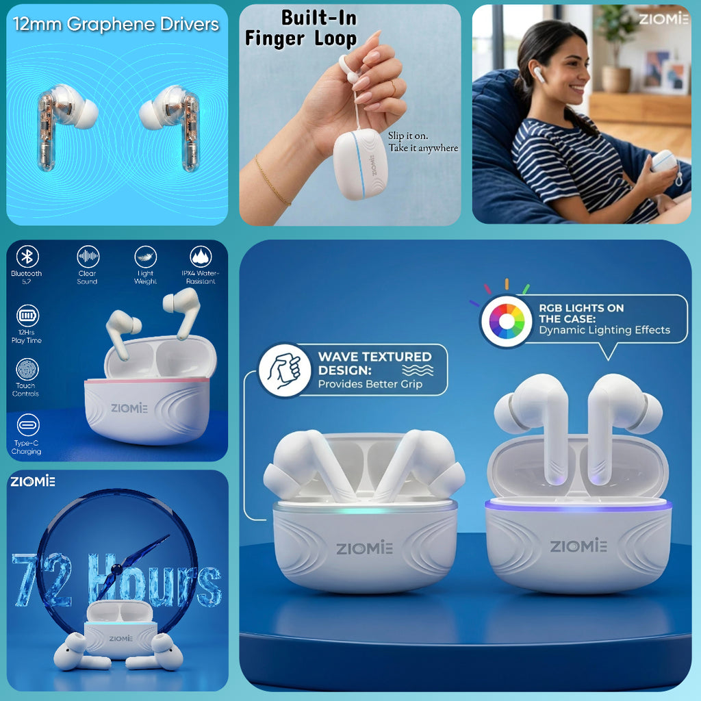 Ziome AIR True Wireless Earbuds with 72 Hours Standby Time, Deep Bass, Fast Charging & IPX4 Water Resistance  White
