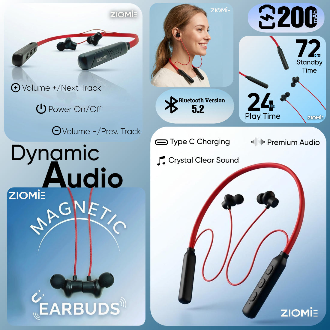 Ziome ZM-01 Neckband 72 Hours Standby time and 24 Hours Playtime Volume and Call Controller Red