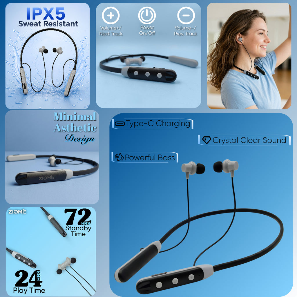 Ziome ZM-04 Neckband 72 Hours Standby time and 24 Hours Playtime Volume and Call Controller grey