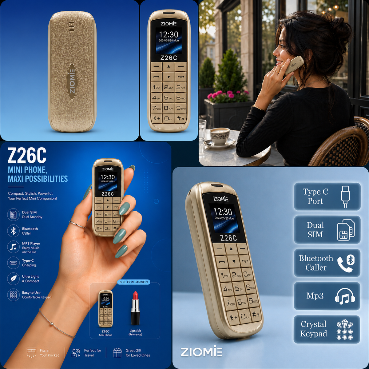 Ziome Z26C Ultra Mini Dual SIM Mobile Phone with Bluetooth Dialer, MP3 Player & Type-C Charging,Gold