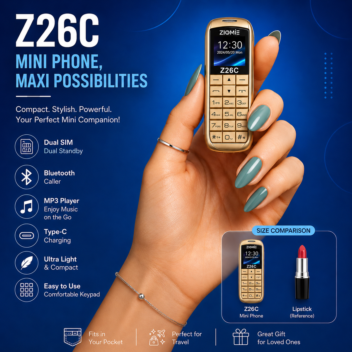 Ziome Z26C Ultra Mini Dual SIM Mobile Phone with Bluetooth Dialer, MP3 Player & Type-C Charging,Gold