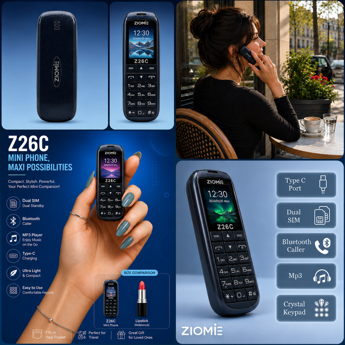 Ziome Z26C Ultra Mini Dual SIM Mobile Phone with Bluetooth Dialer, MP3 Player & Type-C Charging, Black