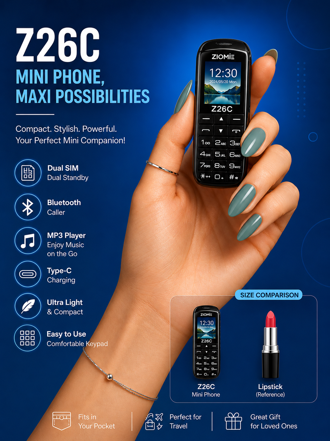 Ziome Z26C Ultra Mini Dual SIM Mobile Phone with Bluetooth Dialer, MP3 Player & Type-C Charging, Black