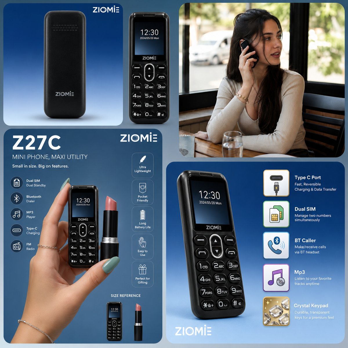 Ziome Z27C Mini Bluetooth Dialer Phone, Dual SIM Dual Standby, Type-C Charging, Crystal Keypad, MP3 Player, FM Radio, Black