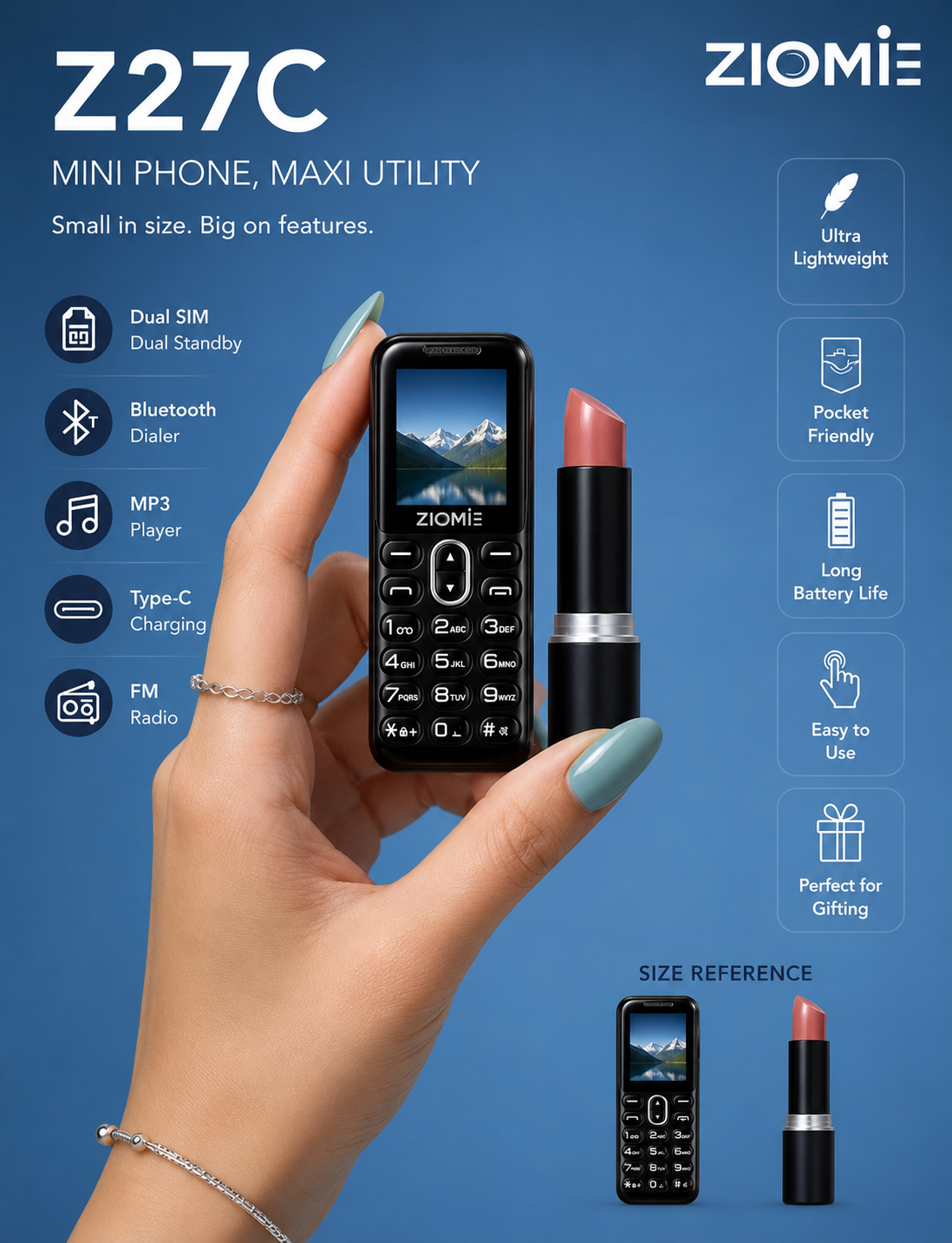 Ziome Z27C Mini Bluetooth Dialer Phone, Dual SIM Dual Standby, Type-C Charging, Crystal Keypad, MP3 Player, FM Radio, Black