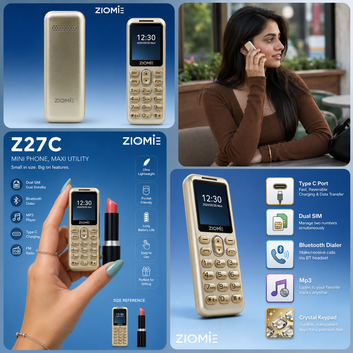 Ziome Z27C Mini Bluetooth Dialer Phone, Dual SIM Dual Standby, Type-C Charging, Crystal Keypad, MP3 Player, FM Radio, Gold