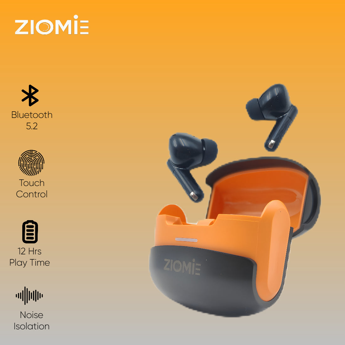 Ziome Z3-Pro Bluetooth Earbuds (Black-Orange,TWS)