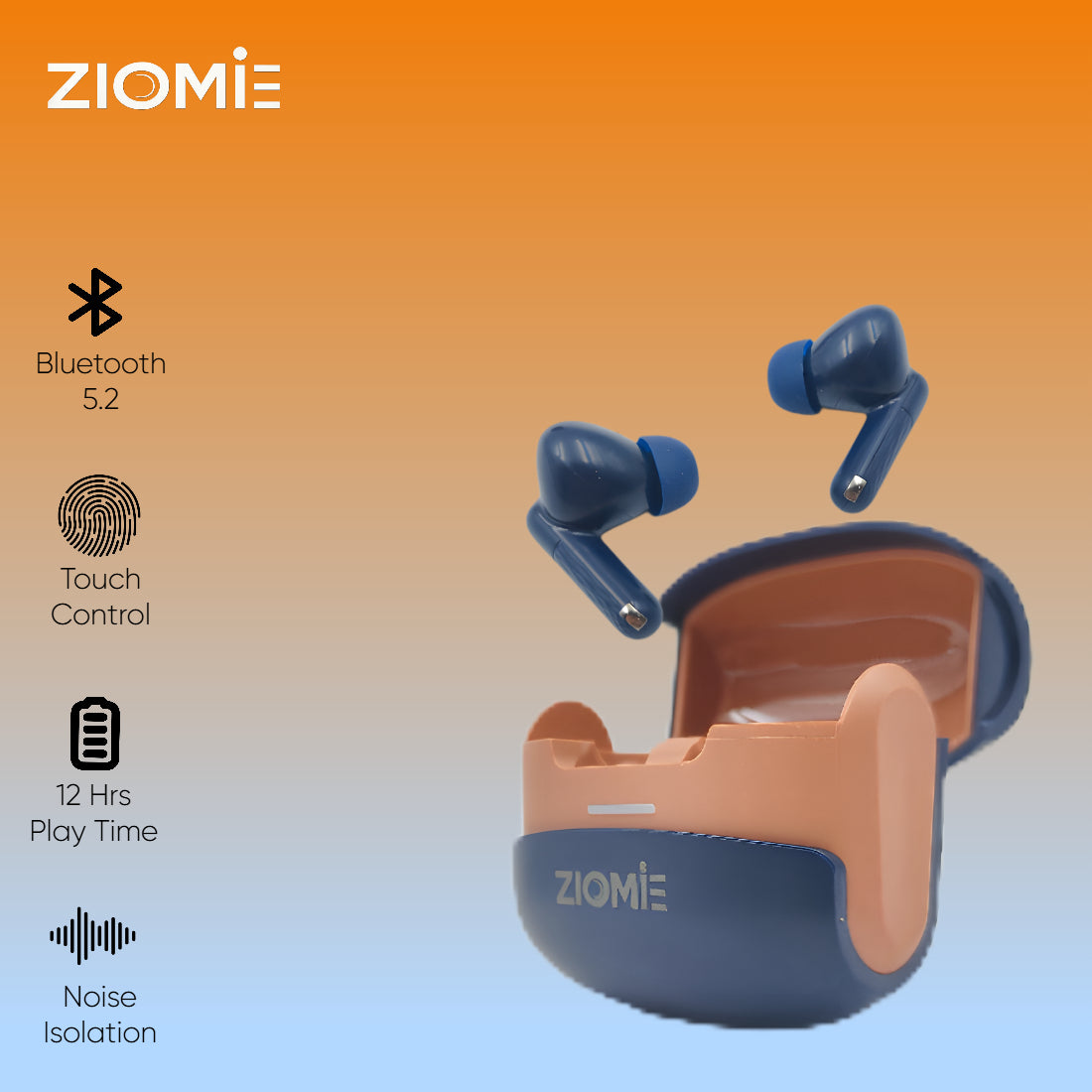 Ziome Z3-Pro Bluetooth Earbuds (Blue-Brown. TWS)