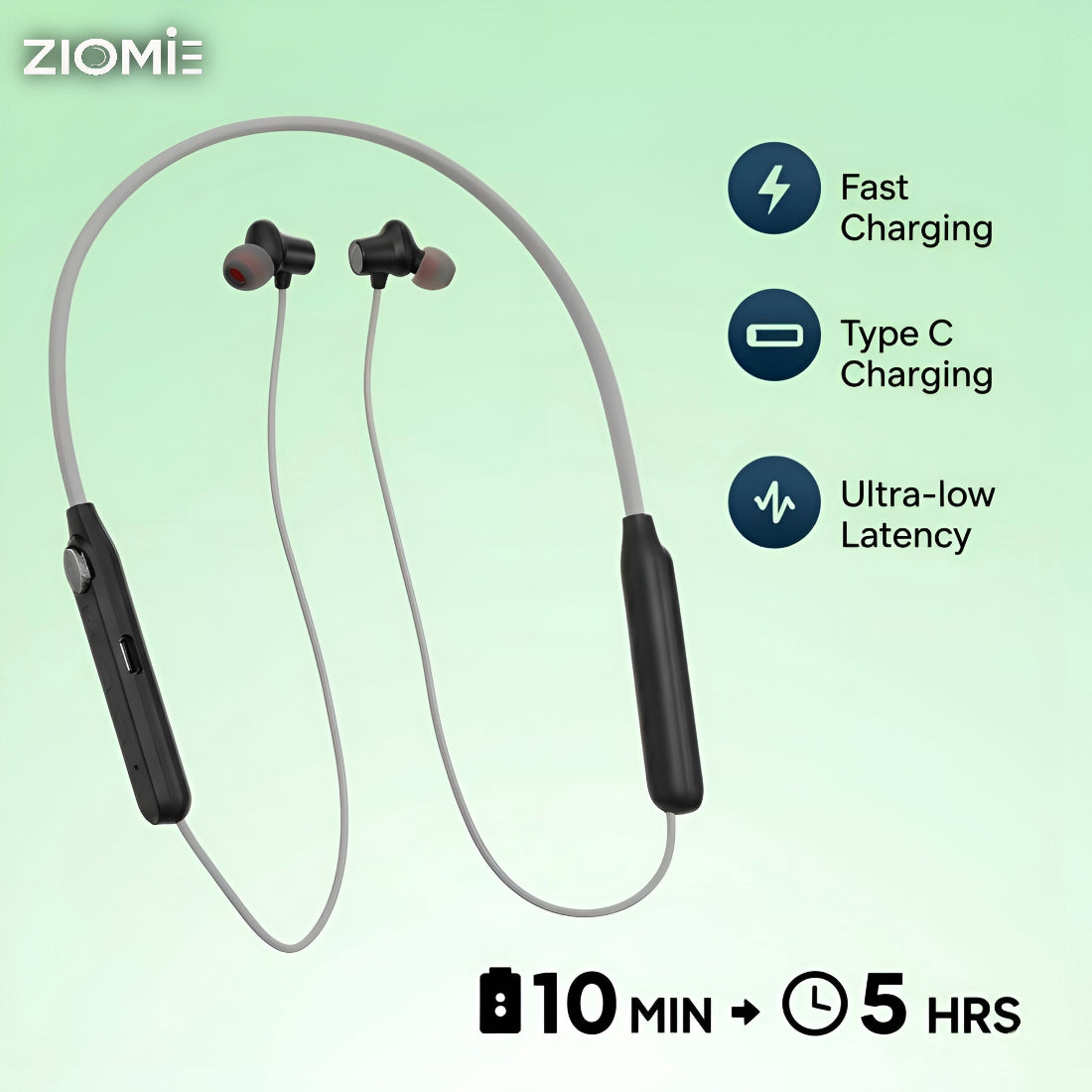 Ziome ZM 101 Neckband, 120 hours Standby time and 48 Hours play time,  Bluetooth 5.2, Grey and Black