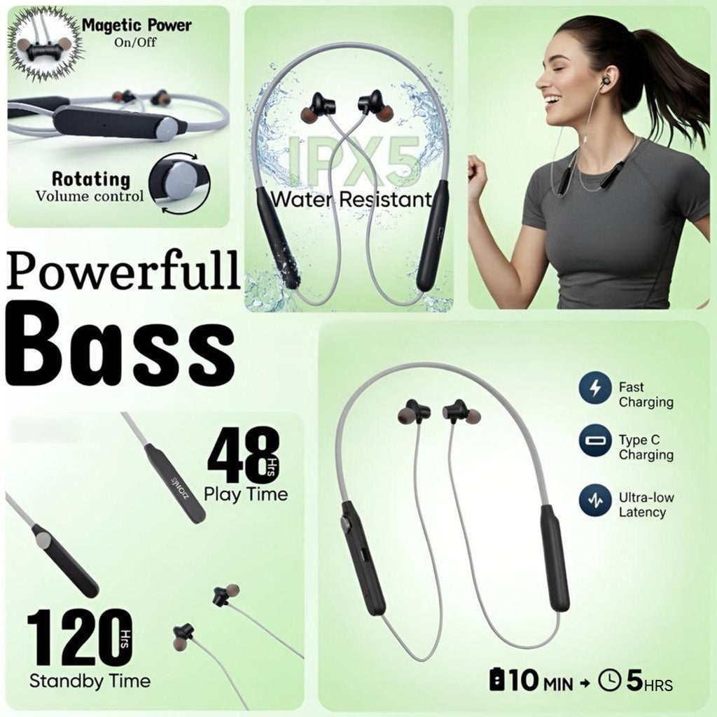 Ziome ZM 101 Neckband, 120 hours Standby time and 48 Hours play time,  Bluetooth 5.2, Grey and Black