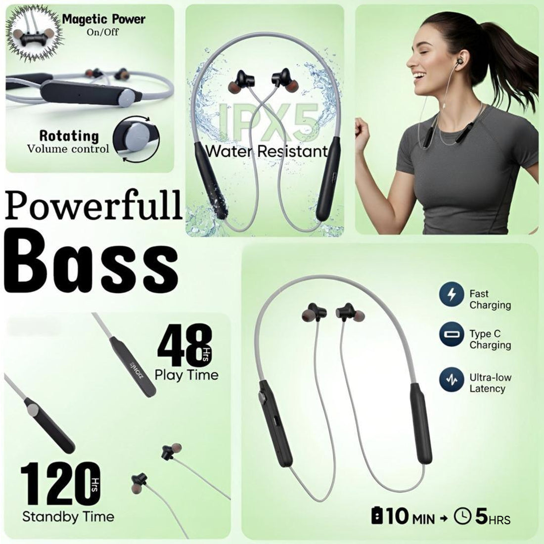 Ziome ZM 101 Neckband, 120 hours Standby time and 48 Hours play time,  Bluetooth 5.2, Grey and Black