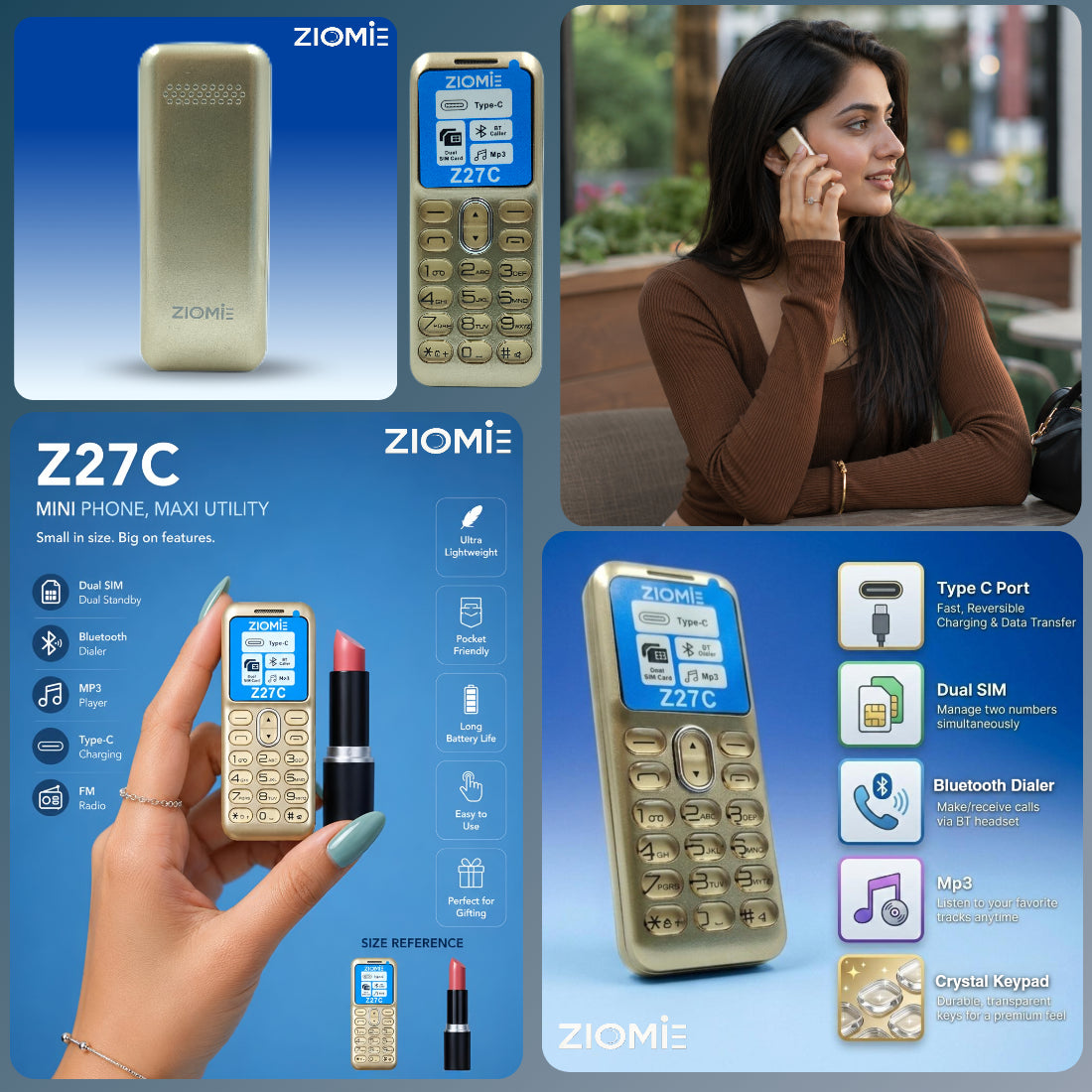 Ziome Z27C Mini Bluetooth Dialer Phone, Dual SIM Dual Standby, Type-C Charging, Crystal Keypad, MP3 Player, FM Radio, Gold