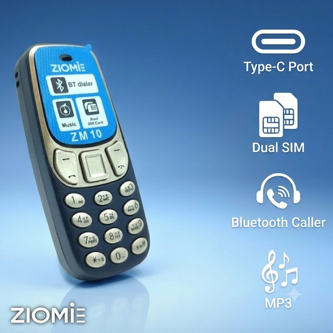 Ziome ZM-10 Ultra Mini Dual SIM Mobile Phone with Bluetooth Dialer, MP3 Player & Type-C Charging Blue