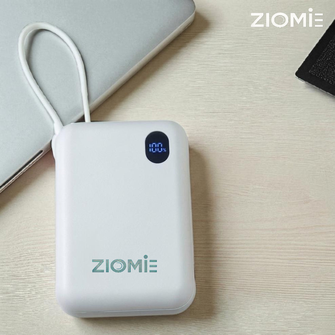 ZIOME 20000mAh Power Bank with In-Built Type-C Cable, Digital Charging Indicator, Bypass Charging Support, 1 Type-C & 1 USB-A Port (White)