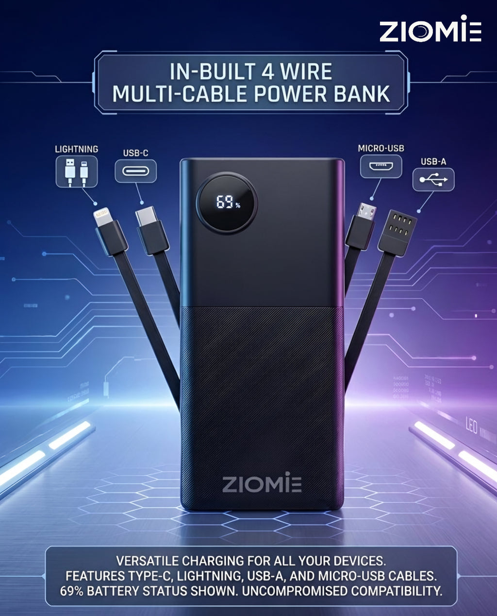 Ziome 4 in 1 Power Bank 10000mAh 22.5 Watt (Type-C; Micro USB; Lightning; USB)