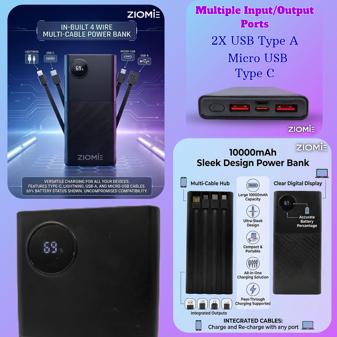 Ziome 4 in 1 Power Bank 10000mAh 22.5 Watt (Type-C; Micro USB; Lightning; USB)