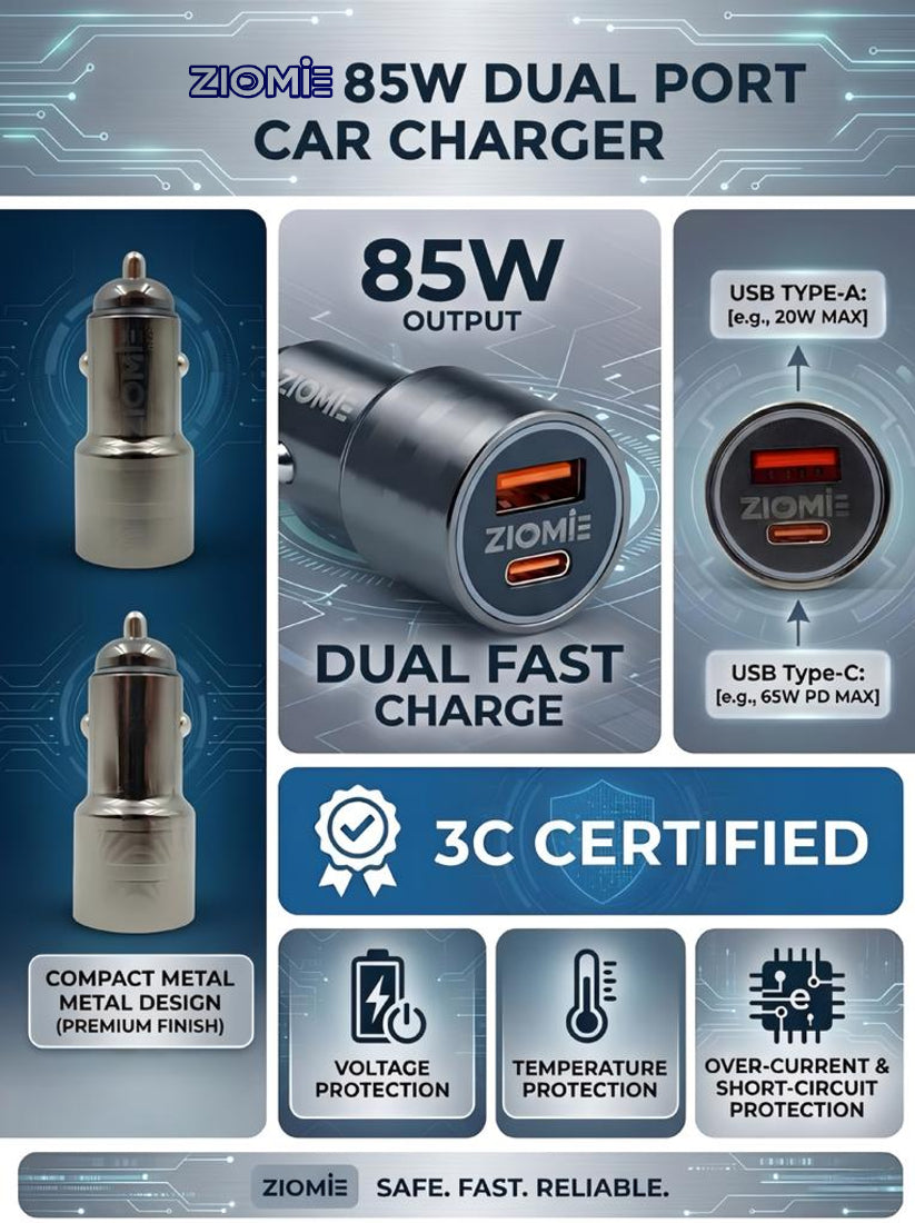 Ziome CA-100 High-Performance Car Charger – 85W Ultra-Fast Dual Port Adapter with Smart IC & Metal Body