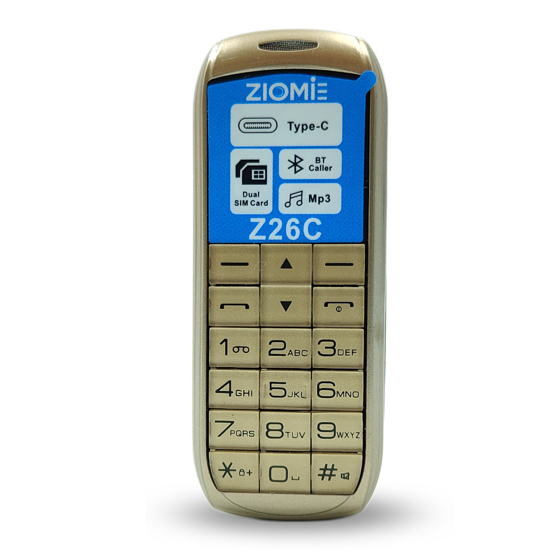Ziome Z26C Ultra Mini Dual SIM Mobile Phone with Bluetooth Dialer, MP3 Player & Type-C Charging,Gold
