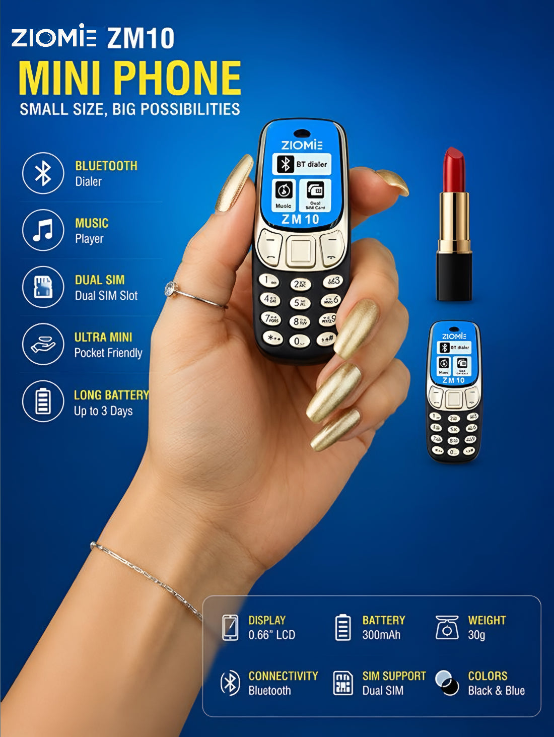 Ziome ZM-10 Ultra Mini Dual SIM Mobile Phone with Bluetooth Dialer, MP3 Player & Type-C Charging Blue